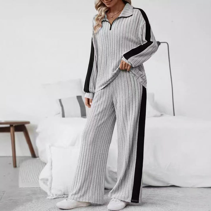 Maternity Two Piece Set – Ribbed Knit Zip Collar & Straight-Leg
