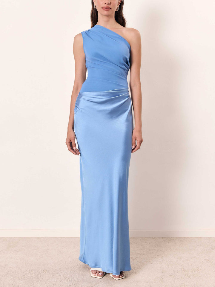 Women's One-Shoulder Pleated Maxi Dress – Structured Formal Gown