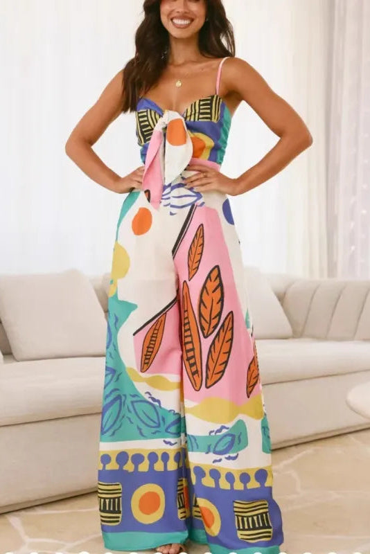 Women's Wide Leg Jumpsuit – Spaghetti Strap Bow Waist