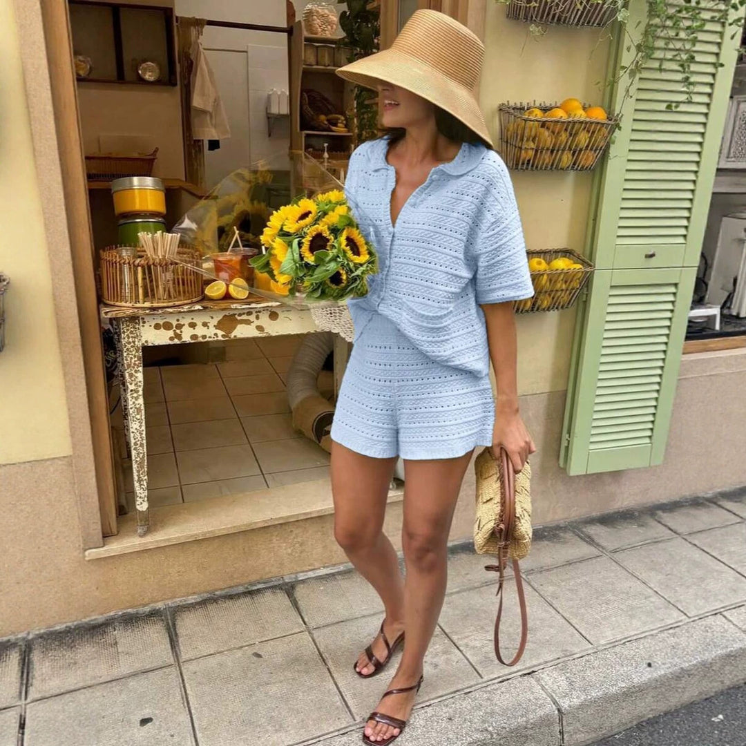 Women's Knit Two Piece Set – Button-Up Top & Matching Shorts