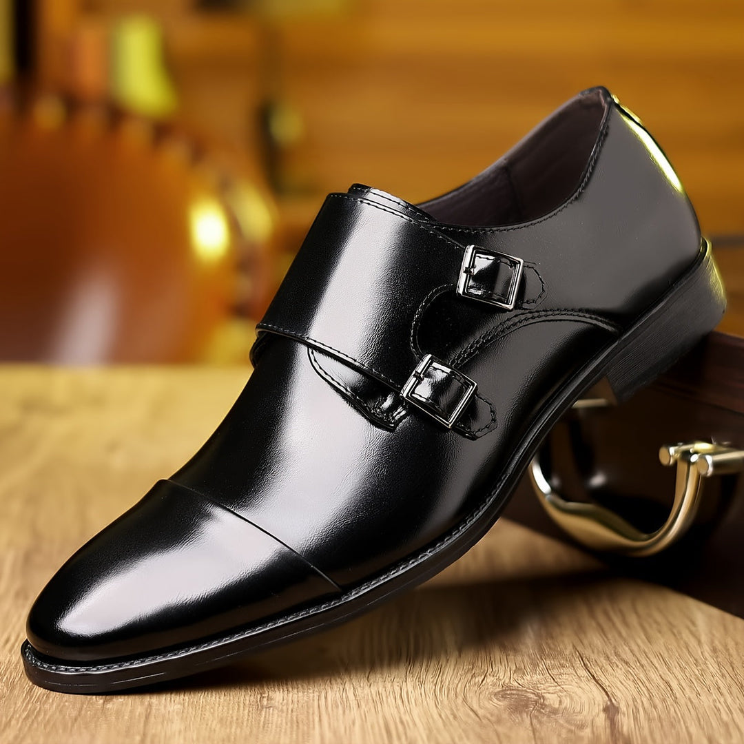Men's Genuine Leather Double Monk Strap Shoes – Cap Toe Pointed Heel