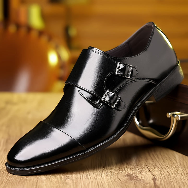 Men's Genuine Leather Double Monk Strap Shoes – Cap Toe Pointed Heel