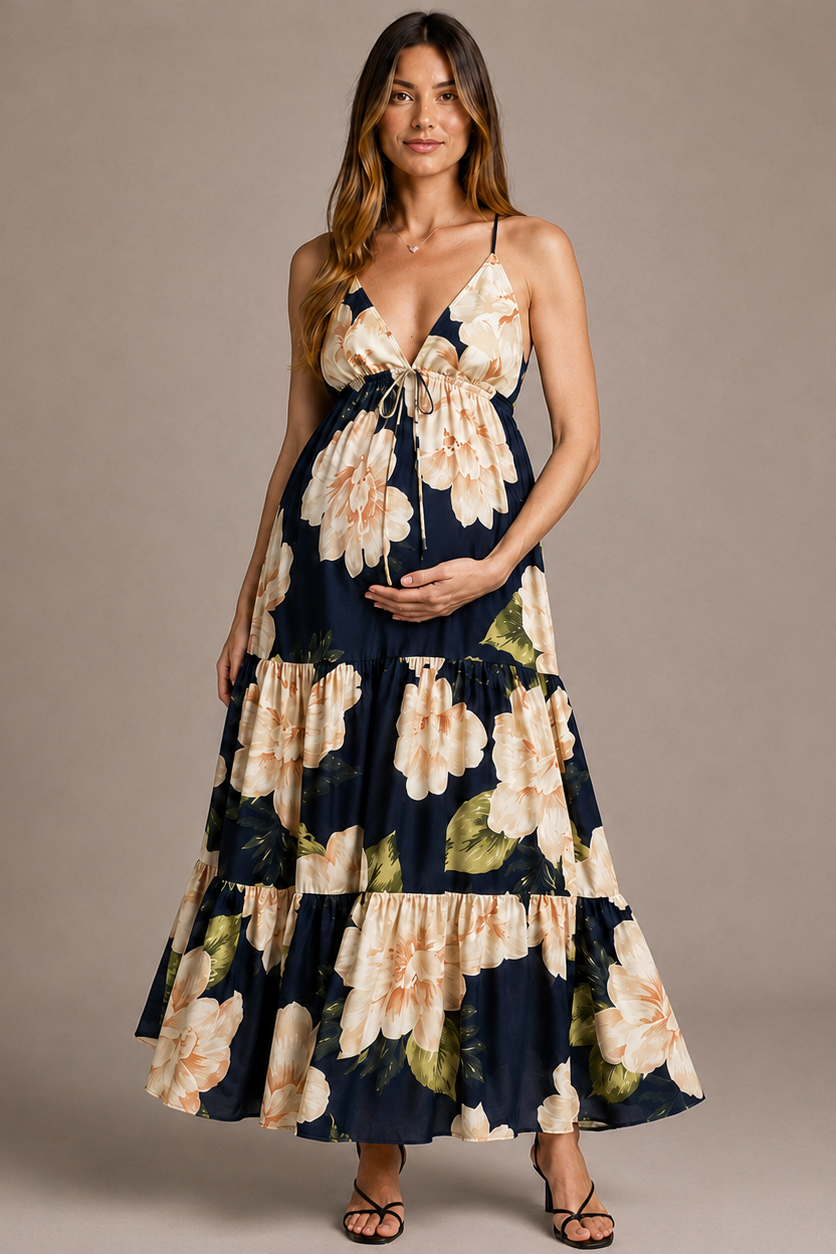 Maternity Maxi Dress – Floral V-Neck Open Back Empire Waist