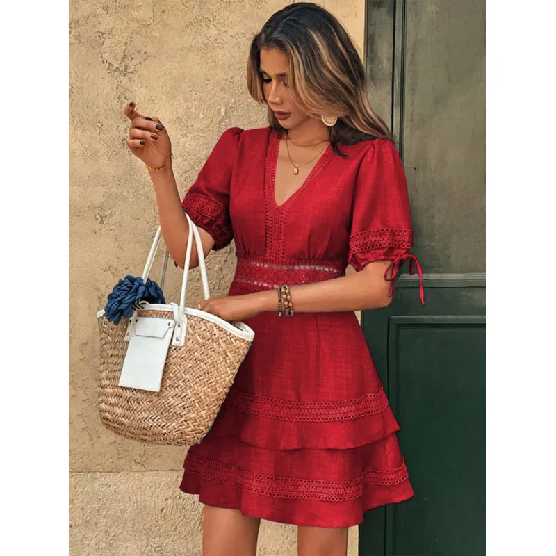 Fit-and-Flare Mini Dress – Lace Trim &amp; Puff Sleeves