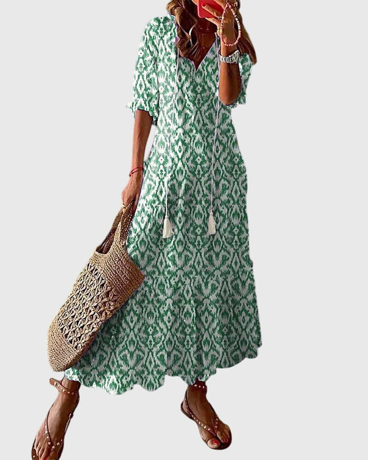 Women's Boho Vintage Maxi Dress V-Neck – Short Sleeve Summer Style