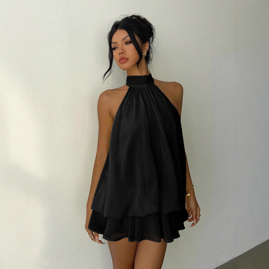 Women's Chiffon Mini Dress – Tiered Ruffle Halter Neck
