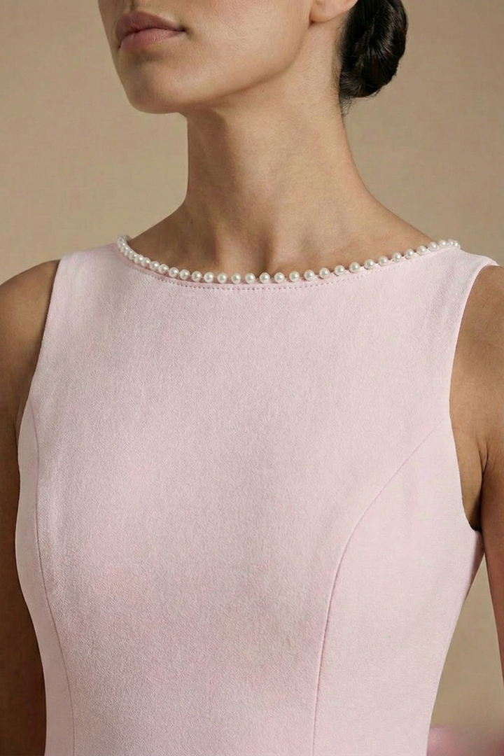 Women's Pearl Trim Mini Dress Boat Neck – A-Line Bow Back Box Pleats