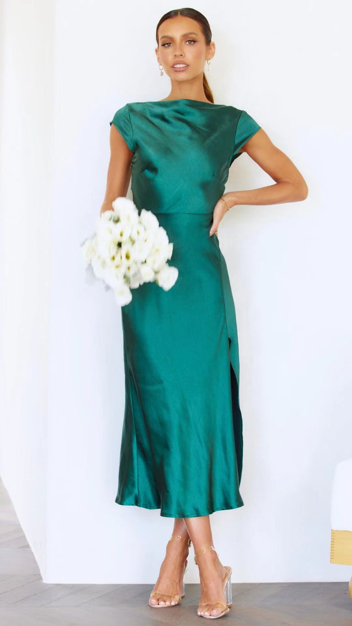 Women's Cap Sleeve Midi Dress – Boat Neck Twist-Back Cutout