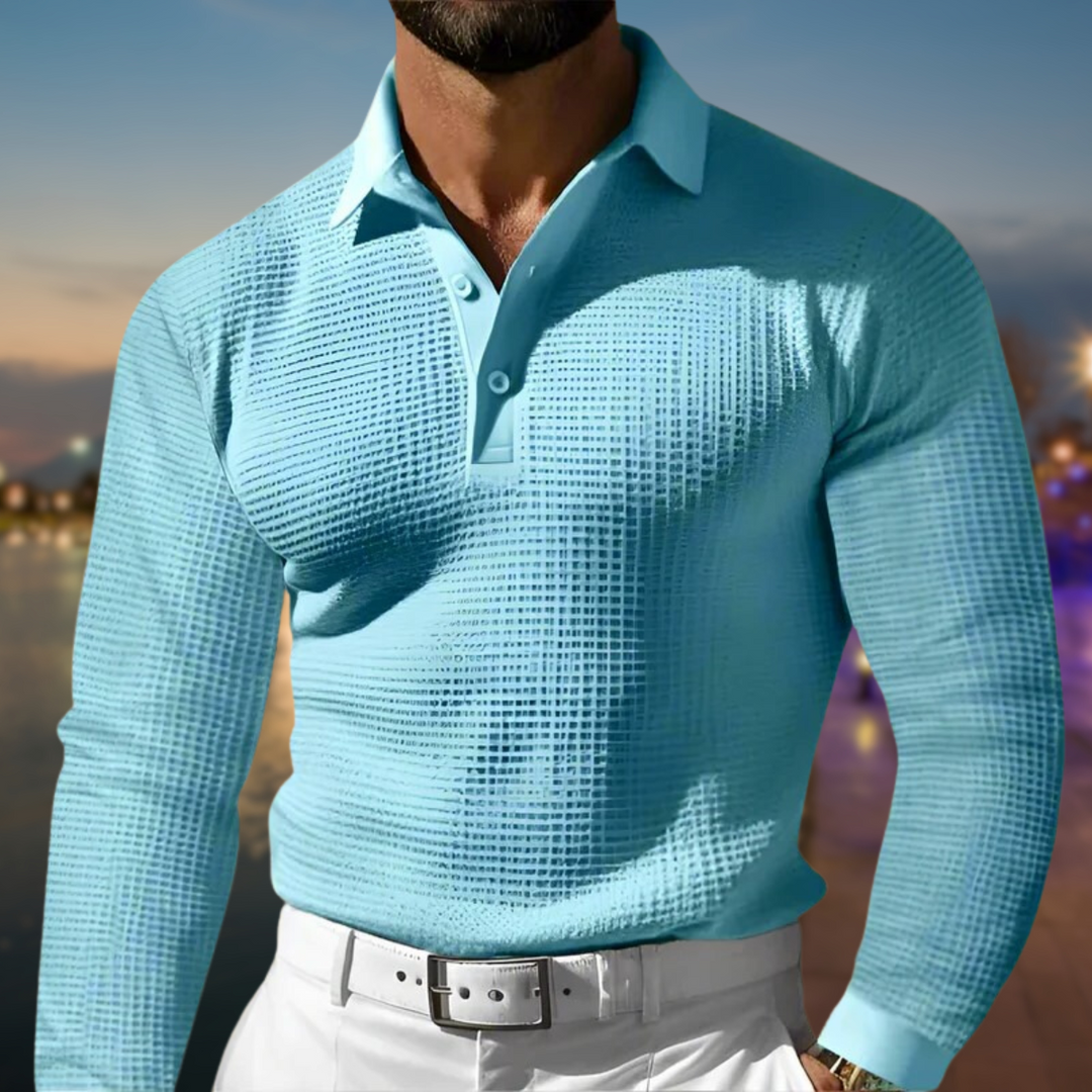 Men's Polo Shirt Long Sleeve Woven Button Placket – Relaxed Vacation