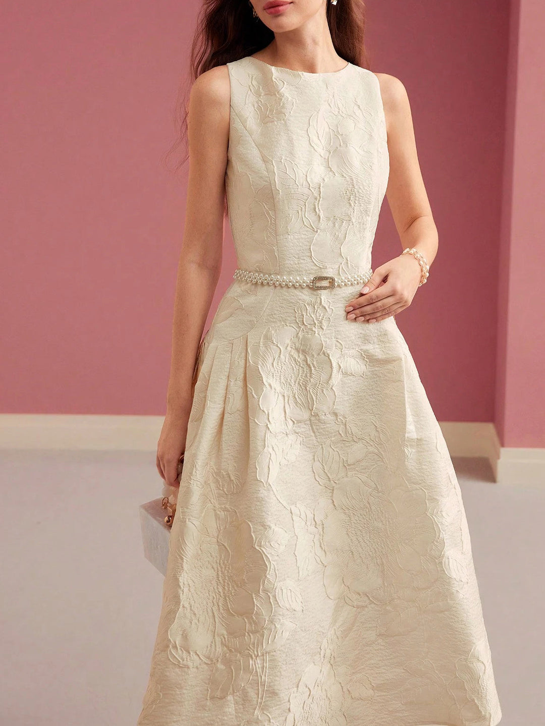 Women's Jacquard Floral A-Line Midi Dress – Boat Neck Pearl Belt