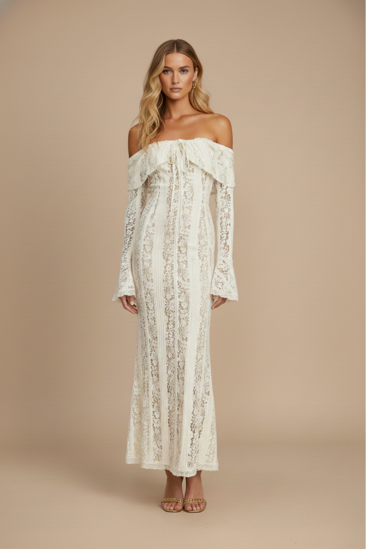 Women's Lace Overlay Off Shoulder Maxi Dress – Long Sleeve Flared Cuffs