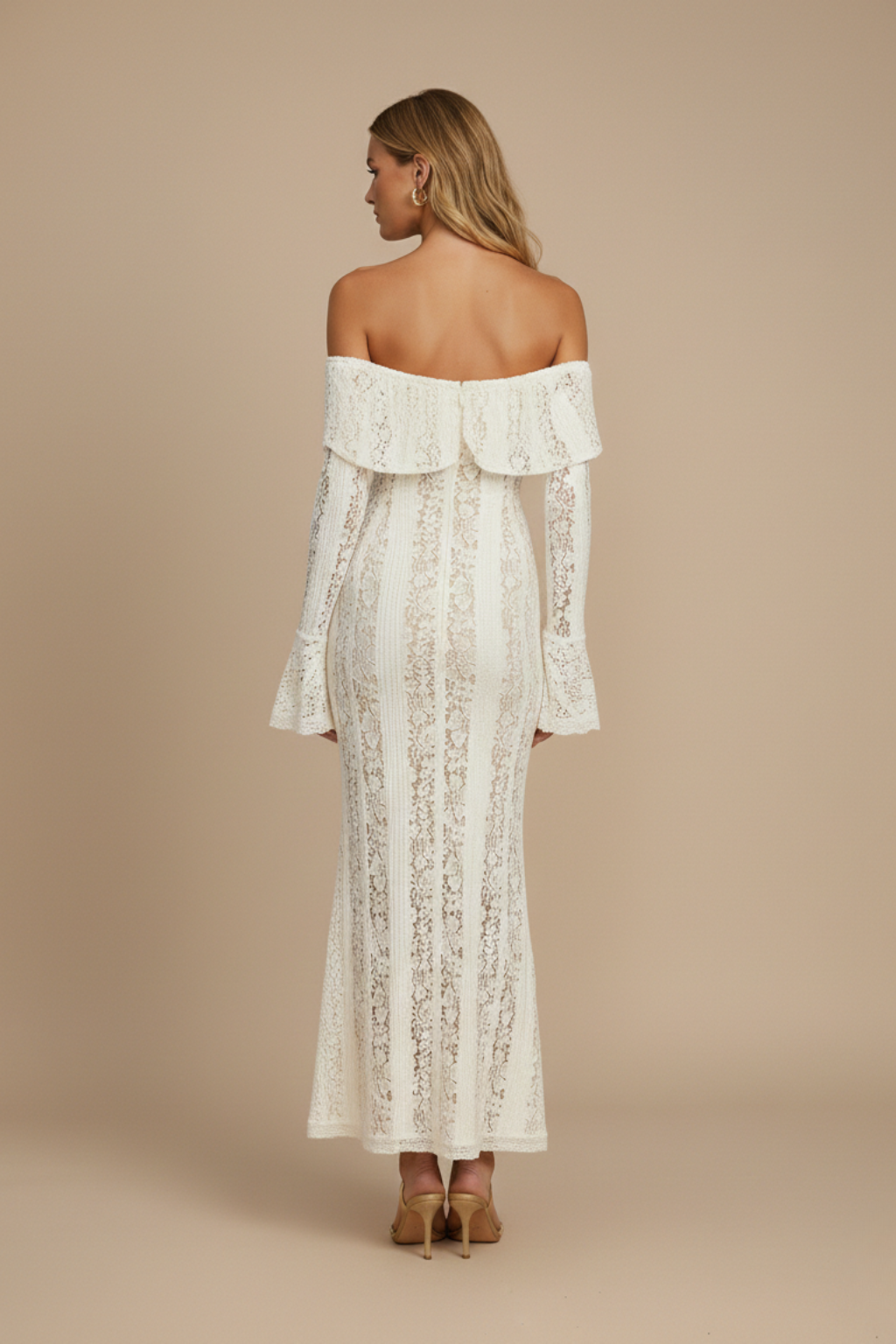 Women's Lace Overlay Off Shoulder Maxi Dress – Long Sleeve Flared Cuffs