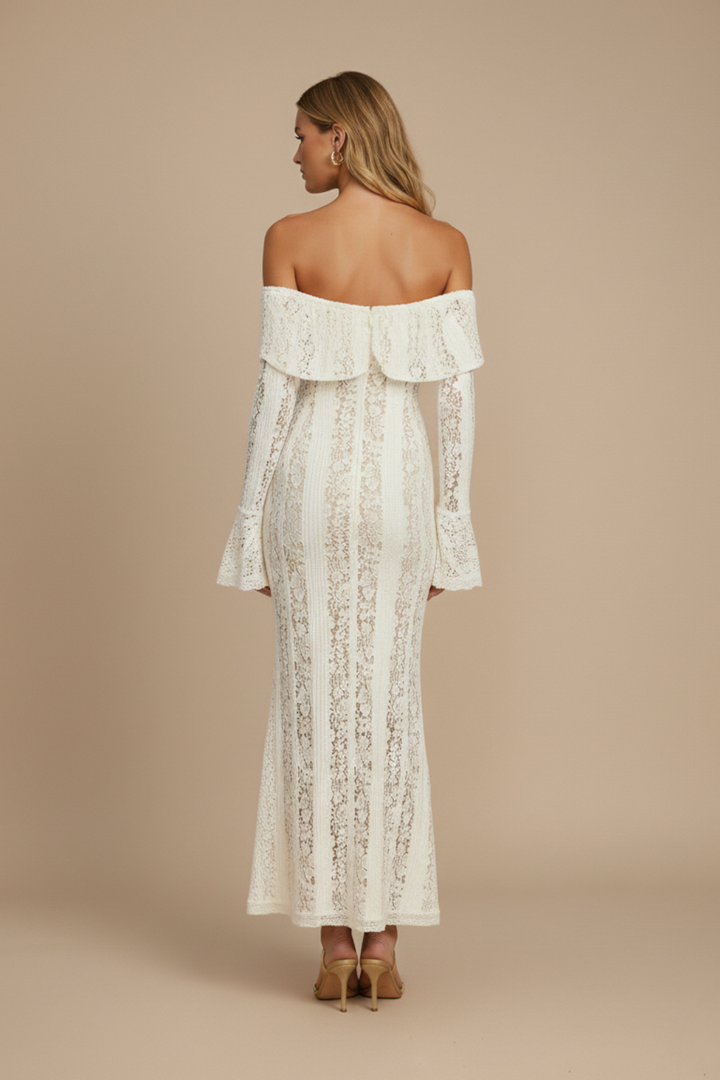 Women's Lace Overlay Off Shoulder Maxi Dress – Long Sleeve Flared Cuffs