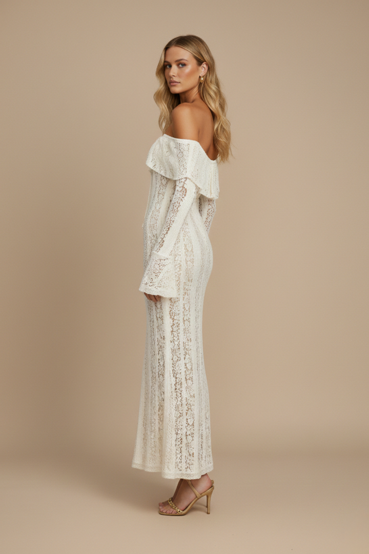 Women's Lace Overlay Off Shoulder Maxi Dress – Long Sleeve Flared Cuffs