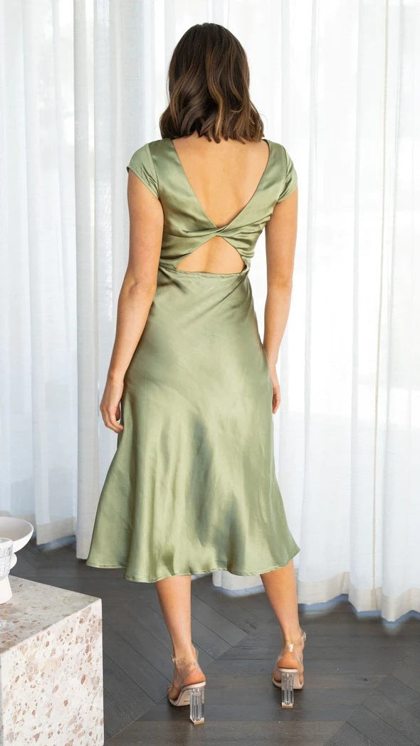 Women's Cap Sleeve Midi Dress – Boat Neck Twist-Back Cutout
