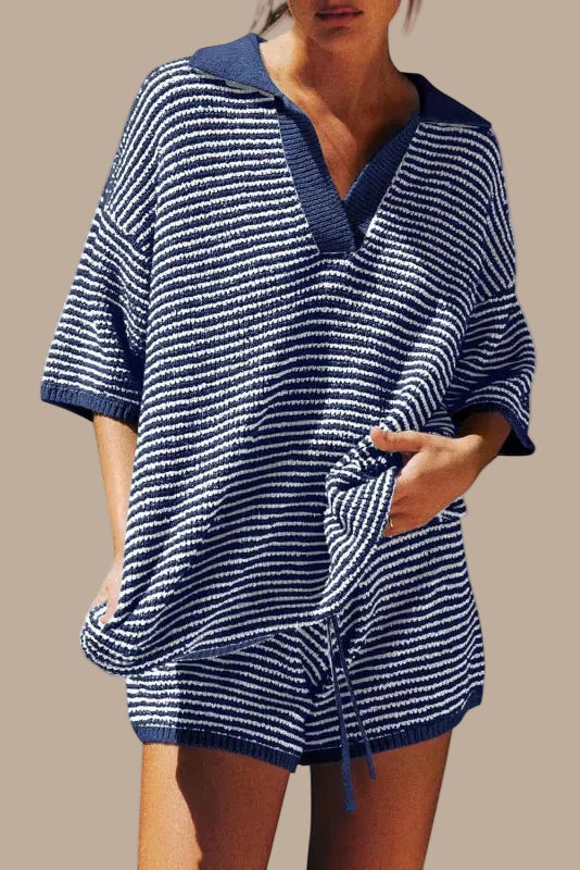 Women's Two Piece Set – Knit V-Neck Top & Matching Shorts