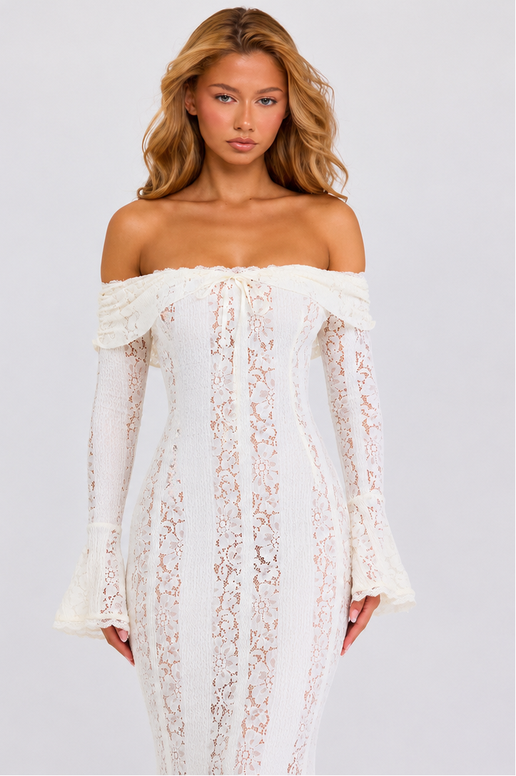 Lace Maxi Dress – Mermaid Hem, Off-Shoulder & Flared Sleeve
