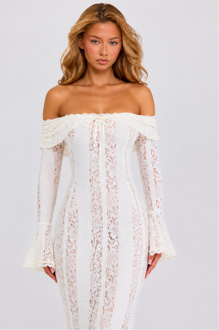 Lace Maxi Dress – Mermaid Hem, Off-Shoulder & Flared Sleeve
