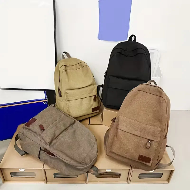 Men's Canvas Backpack with Front Pocket – Vegan Leather Patch