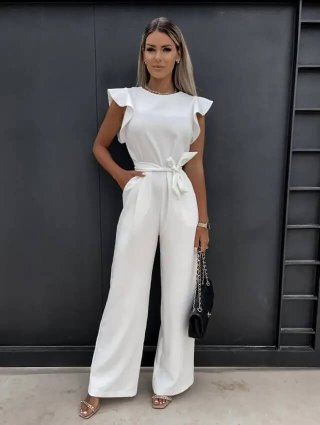 Women's Wide Leg Jumpsuit – Butterfly Sleeves Belted Full Length