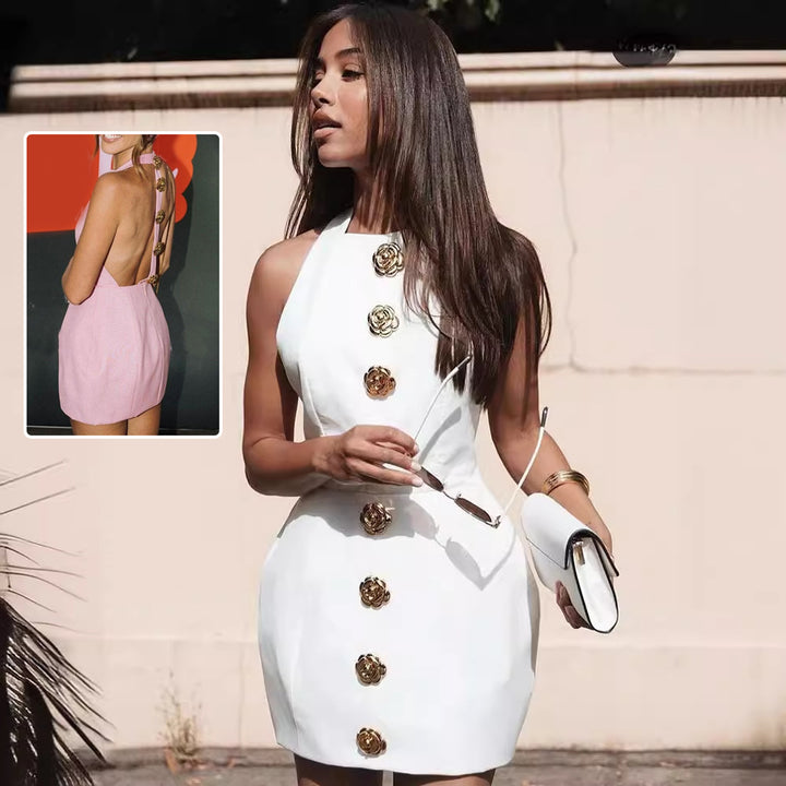 Halter Neck Mini Dress – Open Back, Fitted & Appliqué Detail