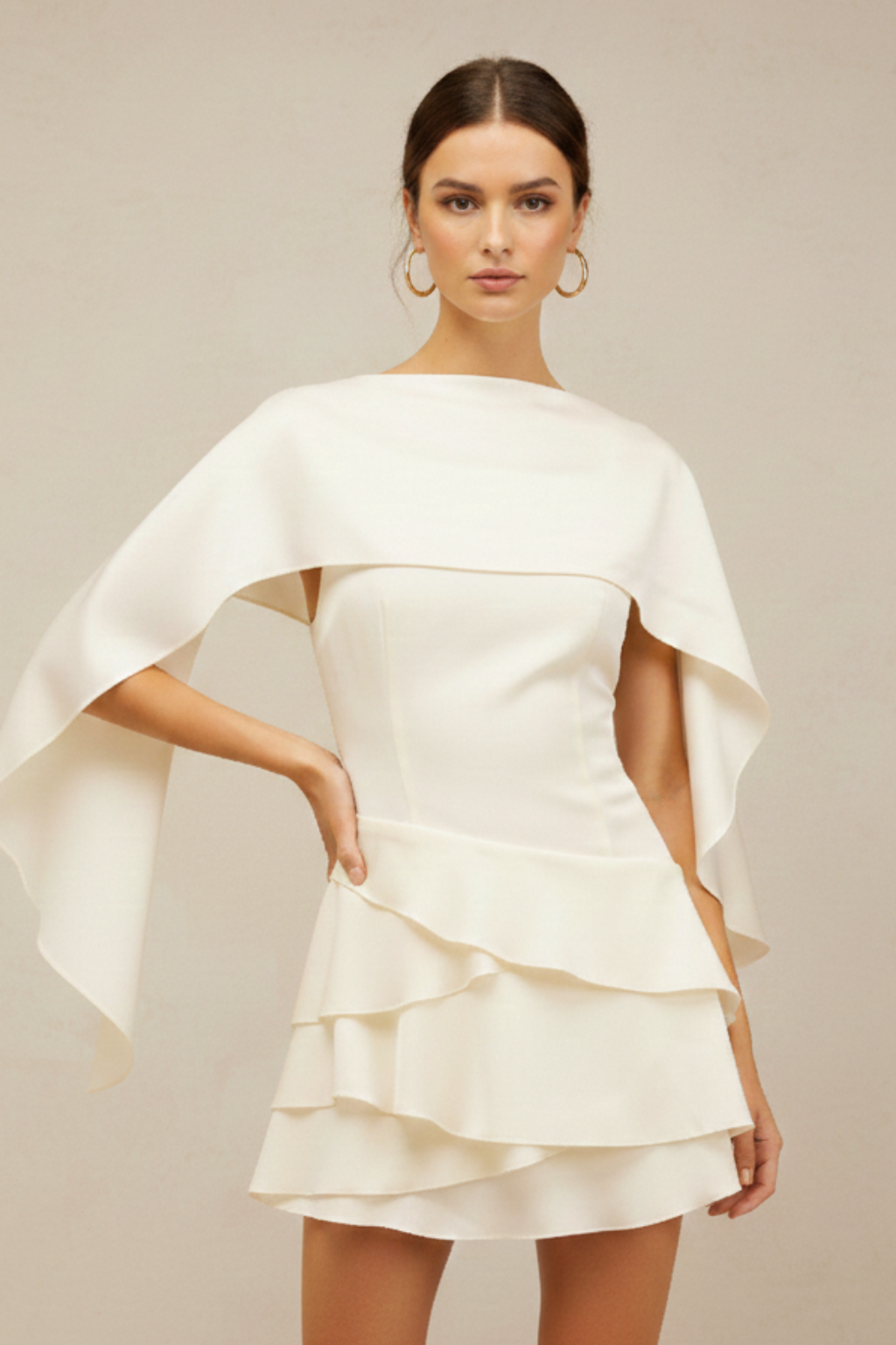 Women's Mini Dress High Neck Cape Overlay – Tiered Ruffle Skirt