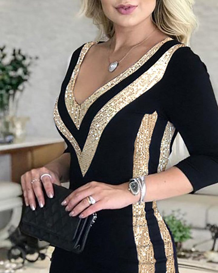 Women's Sequin Trim Bodycon Mini Dress – V-Neck Evening Style