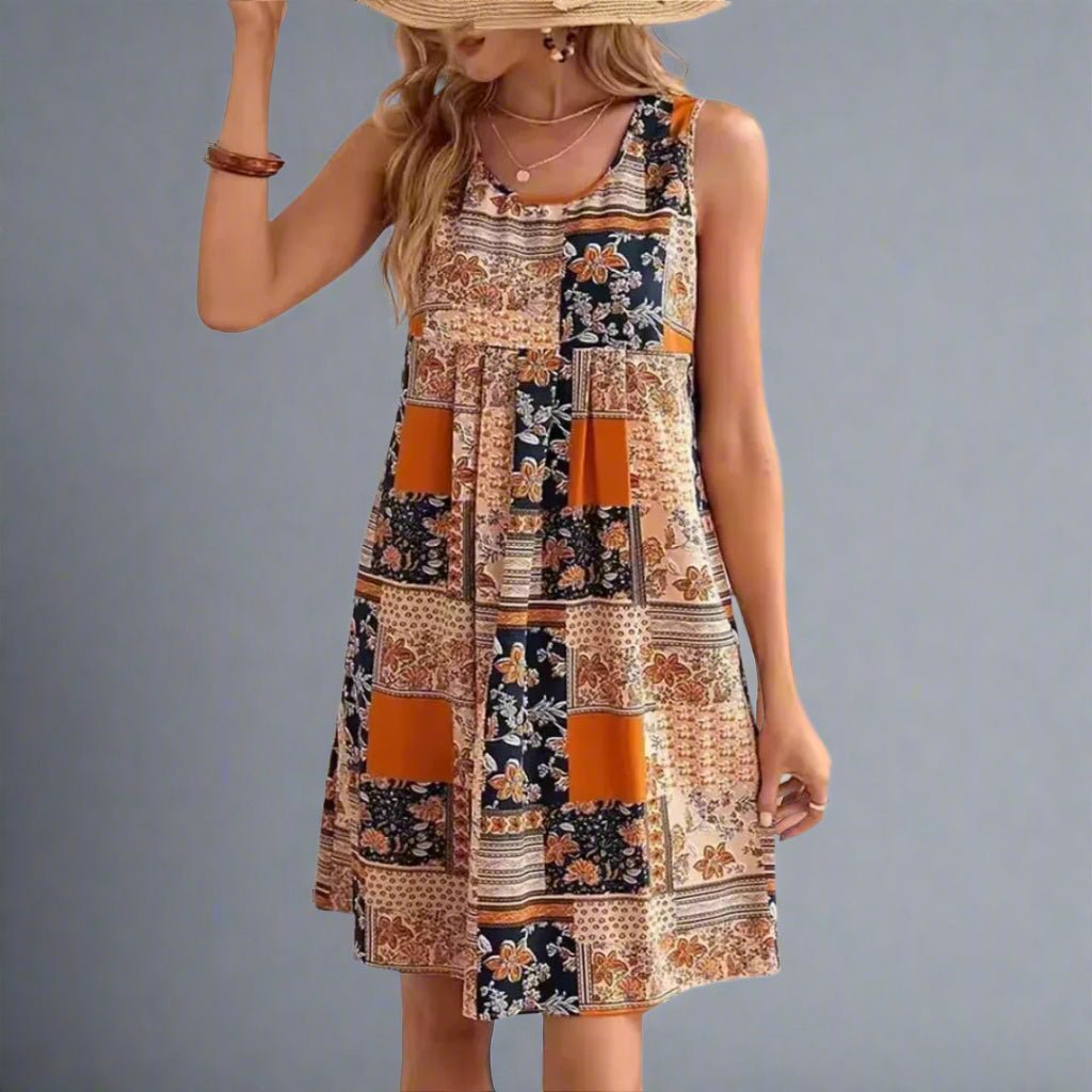 Women's Boho Patchwork Print Mini Dress – Round Neck Sleeveless Summer