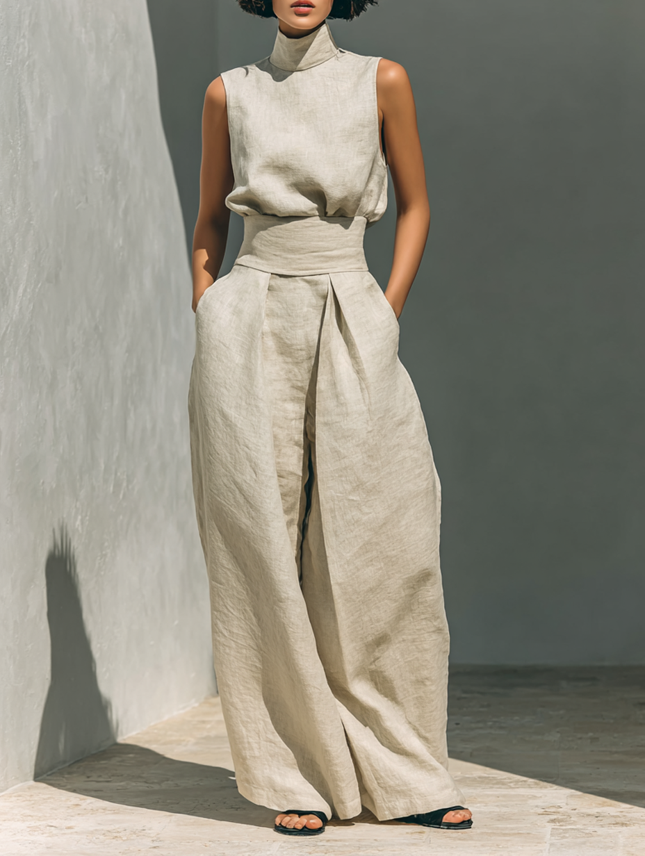 Women's Two Piece Set – Sleeveless Wide-Leg Relaxed Tailored