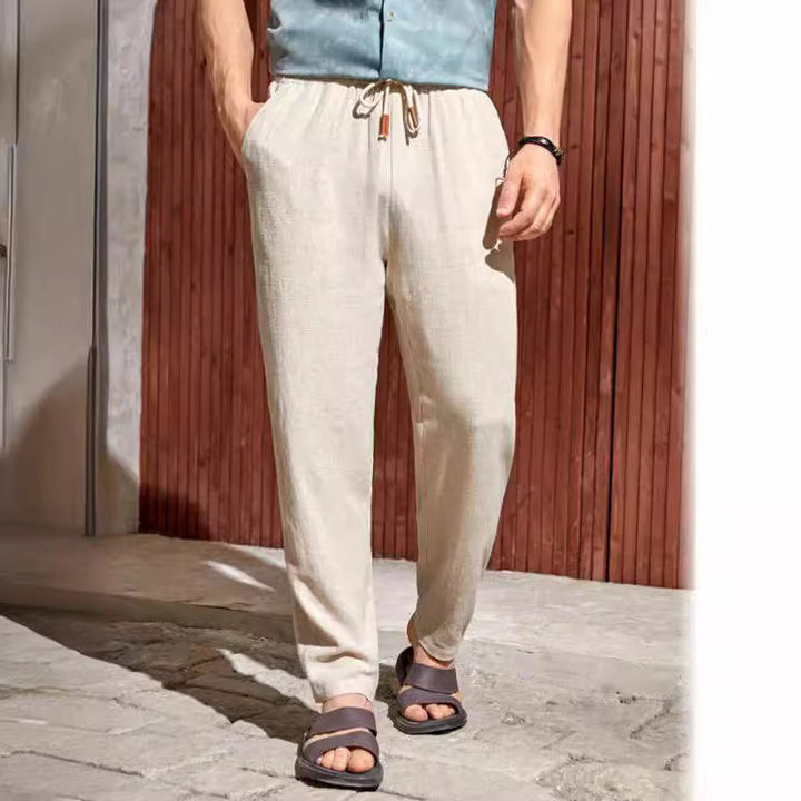 Men's Cotton Linen Drawstring Trousers – Relaxed Straight-Leg Breathable