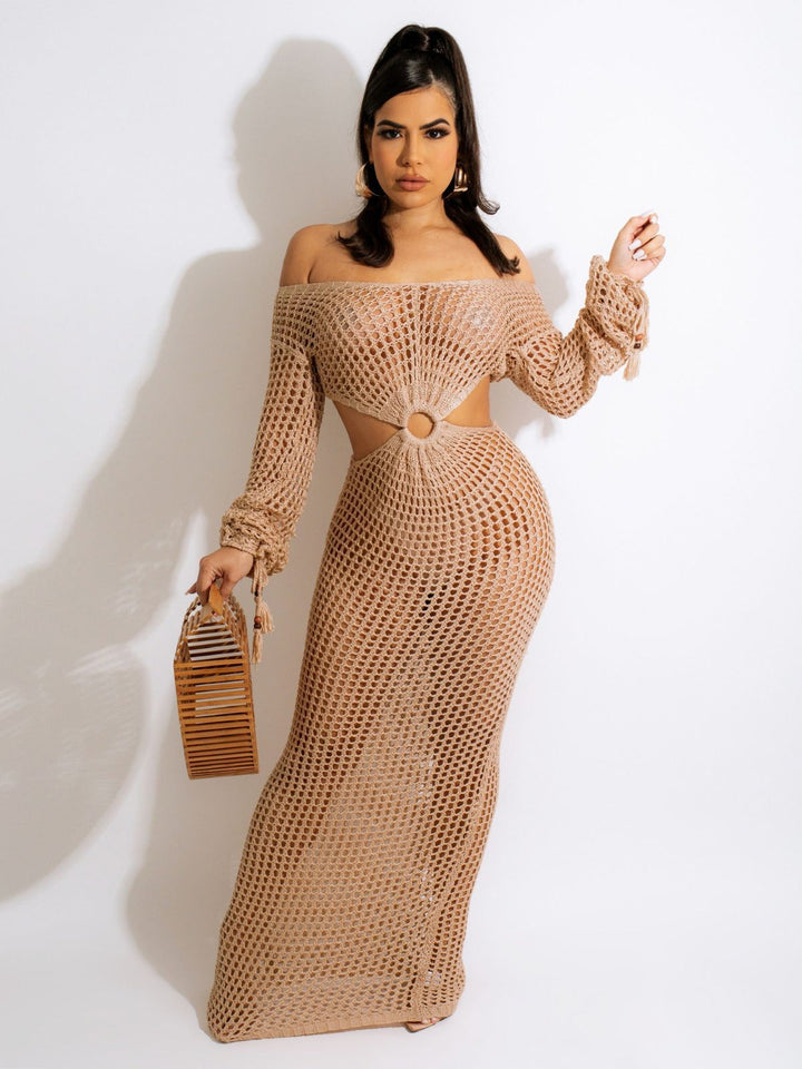 Crochet Beach Maxi Dress – Boho Cut-Out & Tassel Detail