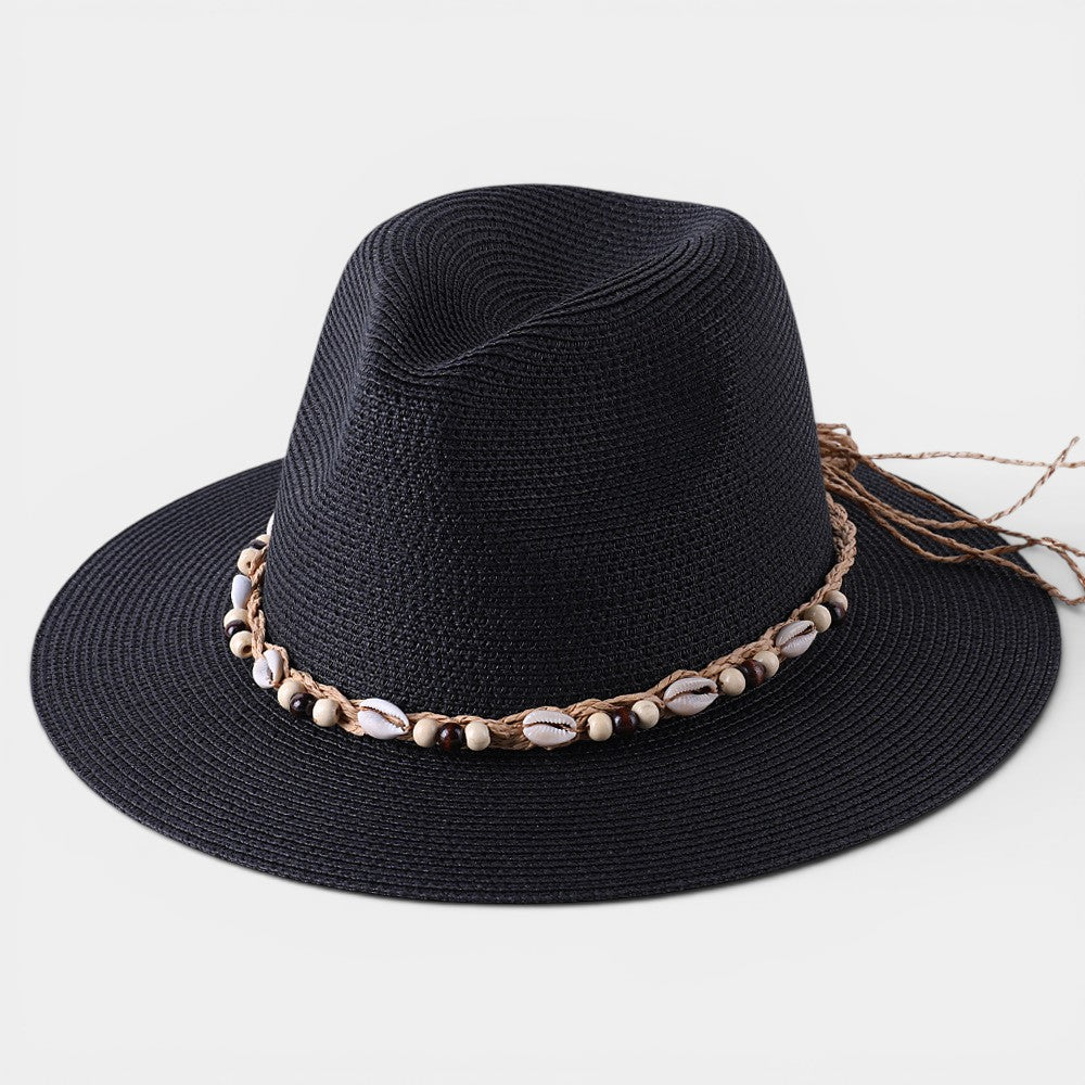 Women's Wide Brim Sun Hat – Shell & Wooden Bead Detail