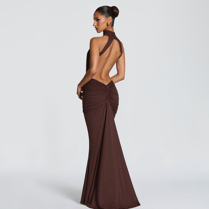 Women's Ruched Bodycon Maxi Dress – Backless Halter Cut-Out
