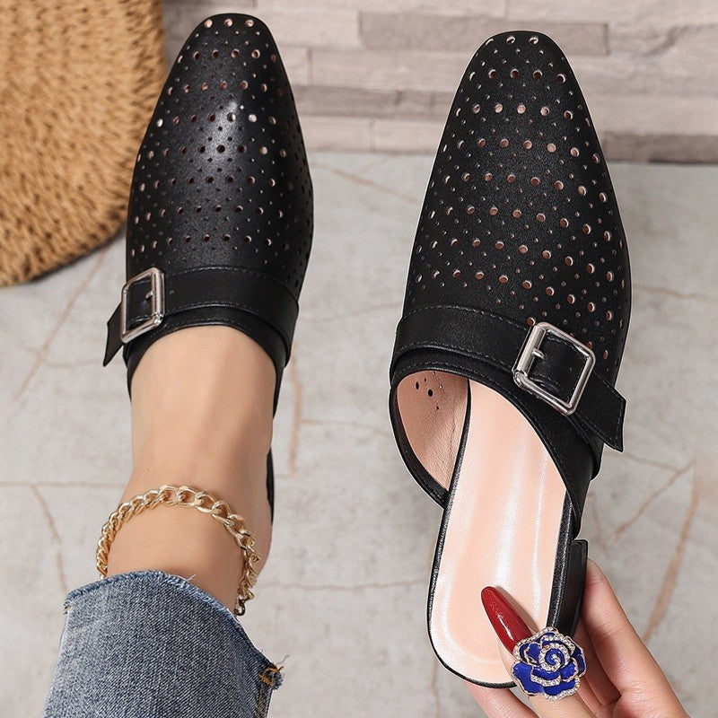 Women's Leather Mules Closed Toe – Single Buckle Strap Rubber Sole