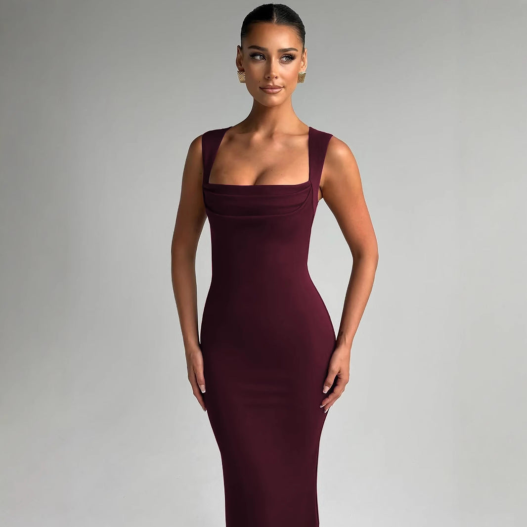 Women's Slim Fit Square Neck Sleeveless Maxi Dress – Bodycon Hip-Wrap