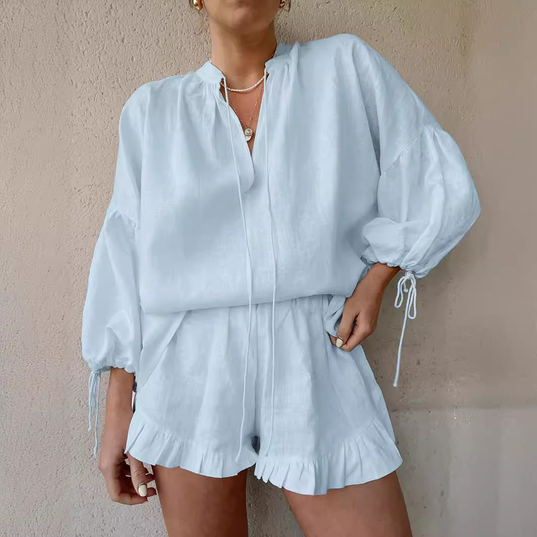 Women's Two Piece Set V-Neck Lantern Sleeve Top – Ruffle Shorts Lace-Up Detail