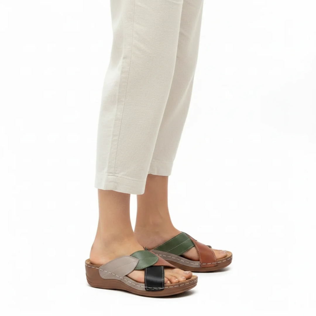 Women's Wedge Slide Sandals – Leaf Print Crossover Strap