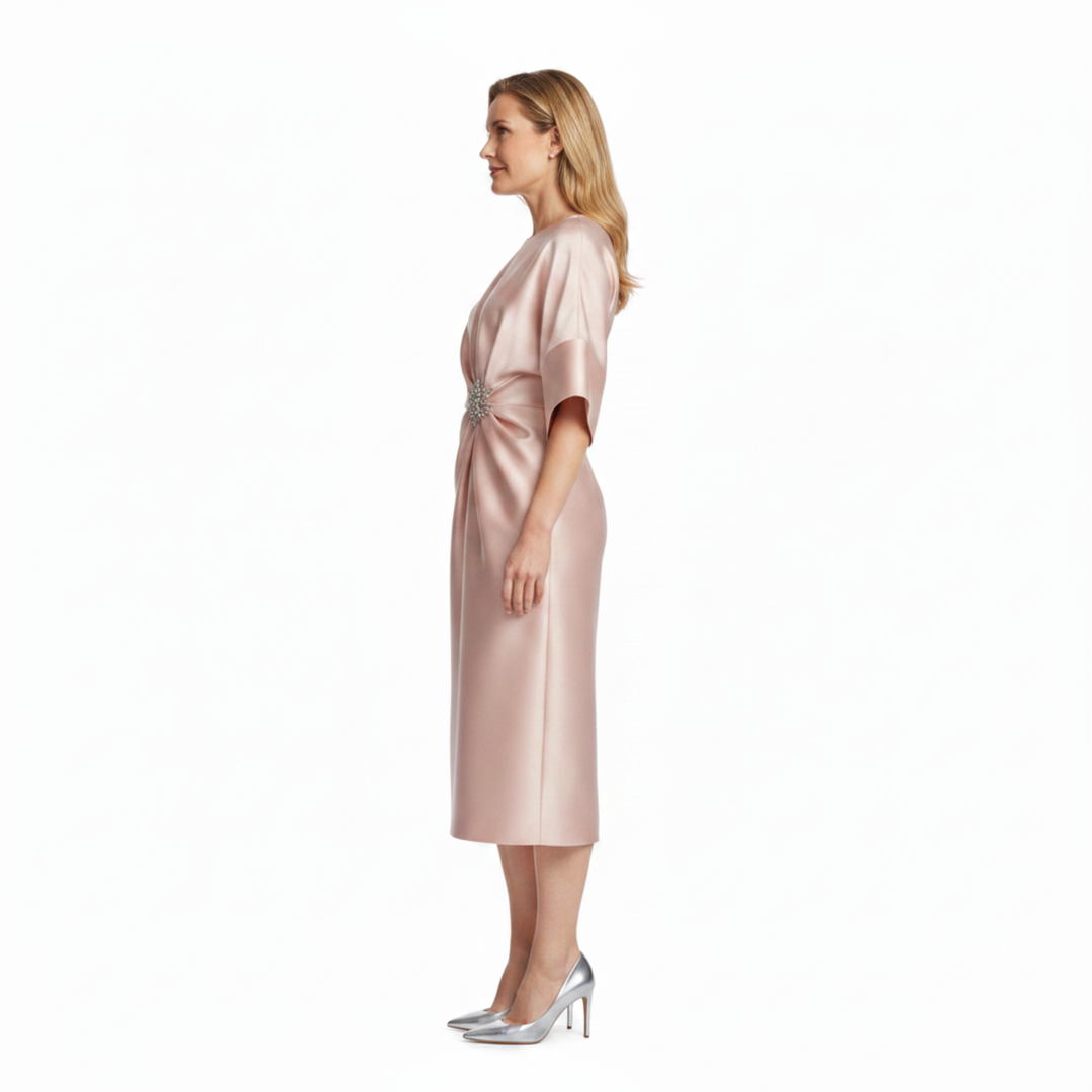 Women's Satin Midi Dress Batwing Sleeves – Bateau Neckline Jewel Waist