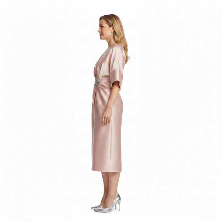 Women's Satin Midi Dress Batwing Sleeves – Bateau Neckline Jewel Waist