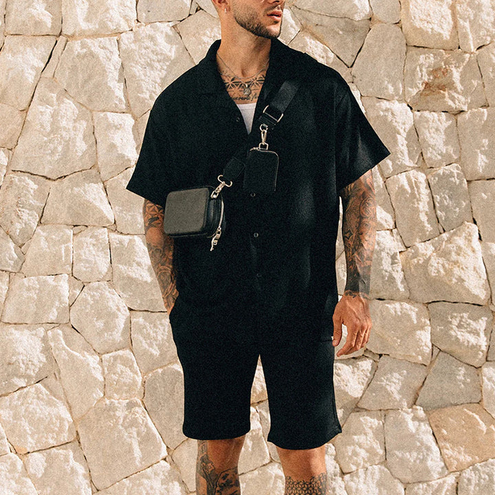 Men's Textured Short Sleeve Shirt Shorts Set – Cuban Collar Button