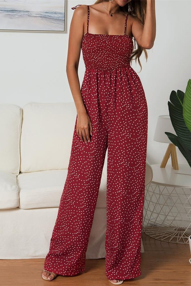 Women's Wide Leg Jumpsuit – Smocked Bodice & Spaghetti Straps