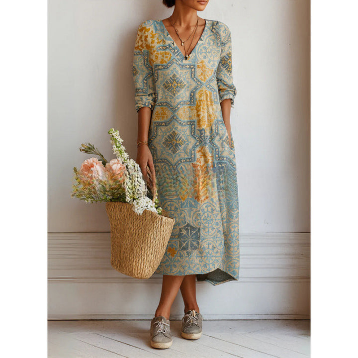 Printed Midi Dress – Women's Retro Art Pattern Relaxed Fit