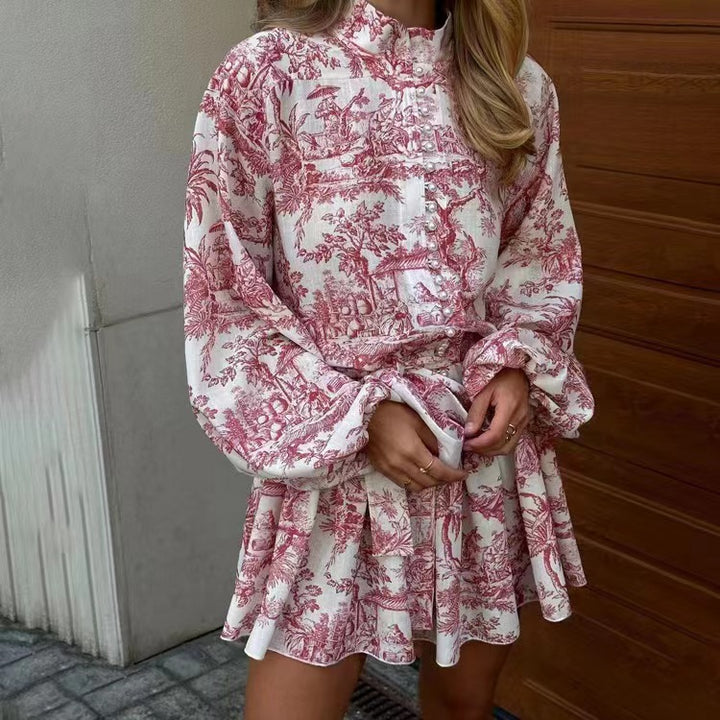 Floral Lace Print Midi Dress Flowy Woven – Loose Elegant Silhouette