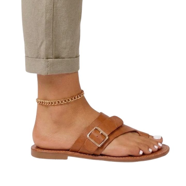 Women's Genuine Leather Flat Sandals – Adjustable Buckle Strap