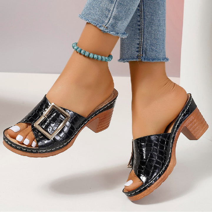 Women's Crocodile Texture Heeled Sandals – Square Chunky Heel Buckle