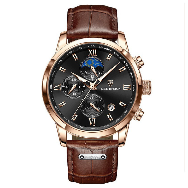 Men's Classic Leather-Look Strap Watch – Multifunction Dial