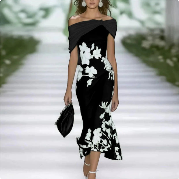 Floral Woven Midi Dress – Off Shoulder Fitted Silhouette