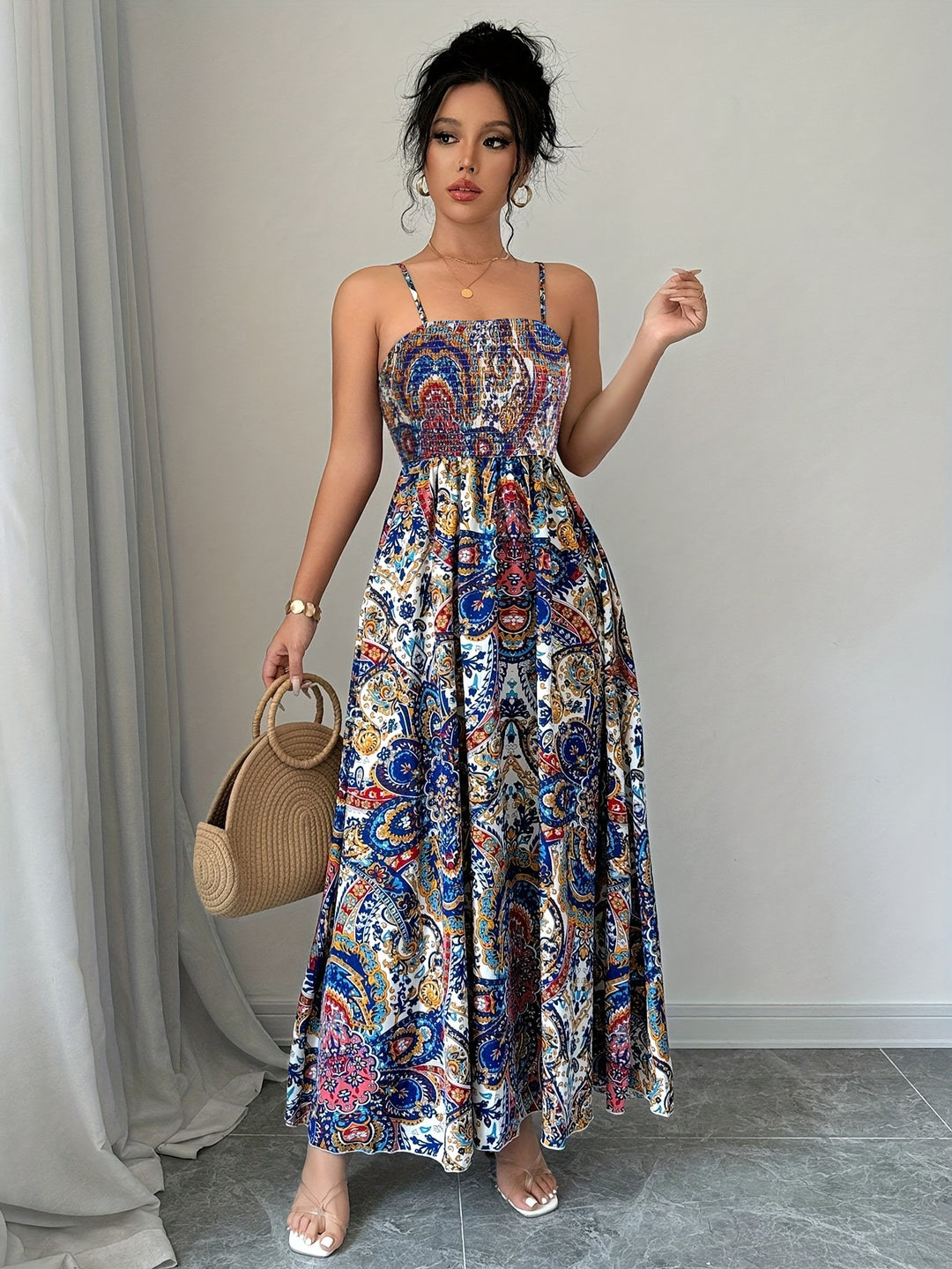 Floral Maxi Dress – Smocked Bustier Adjustable Straps Boho