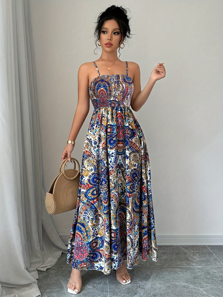 Floral Maxi Dress – Smocked Bustier Adjustable Straps Boho