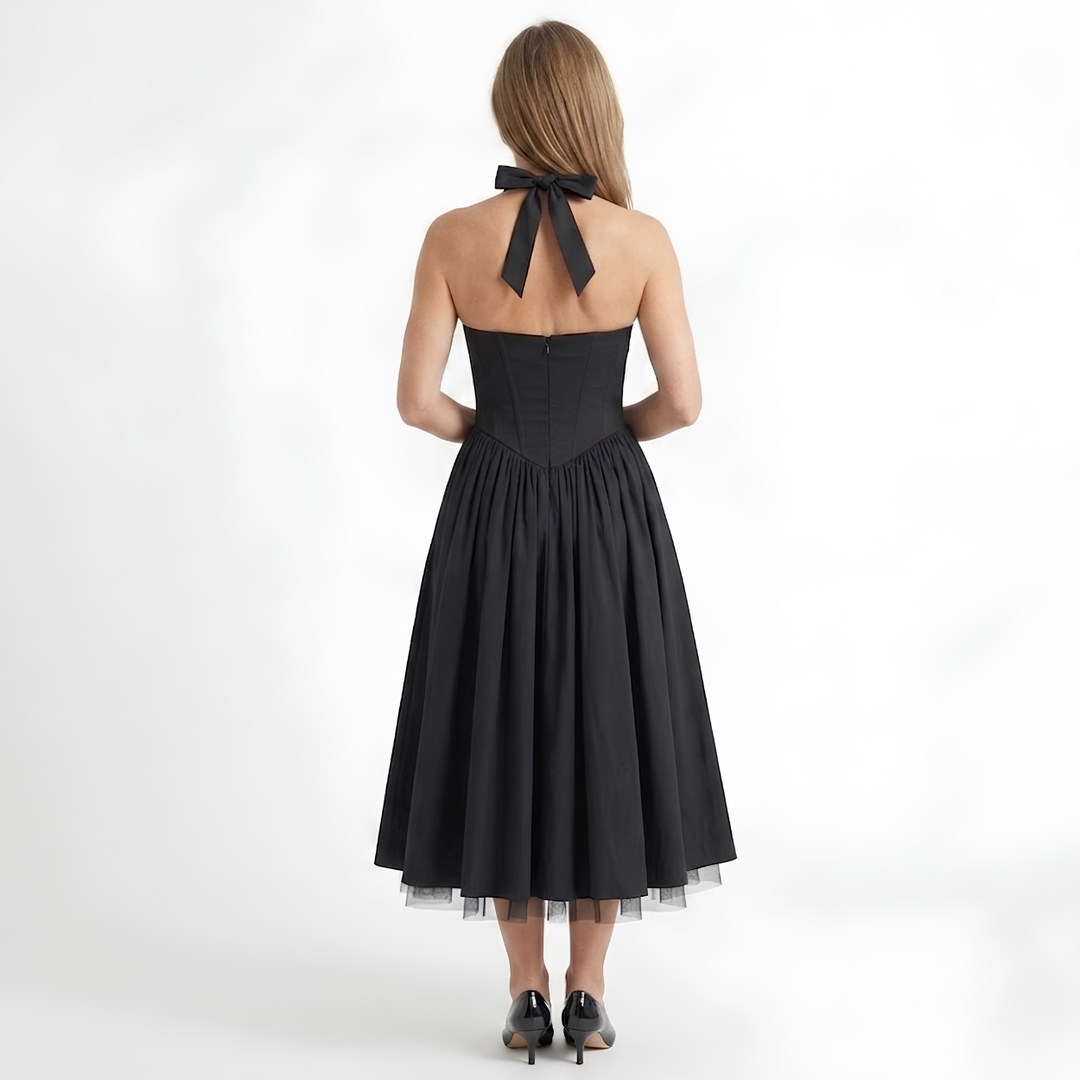 Midi Dress Halter Open Back Trapeze – Fitted Bodice Flared Skirt Style